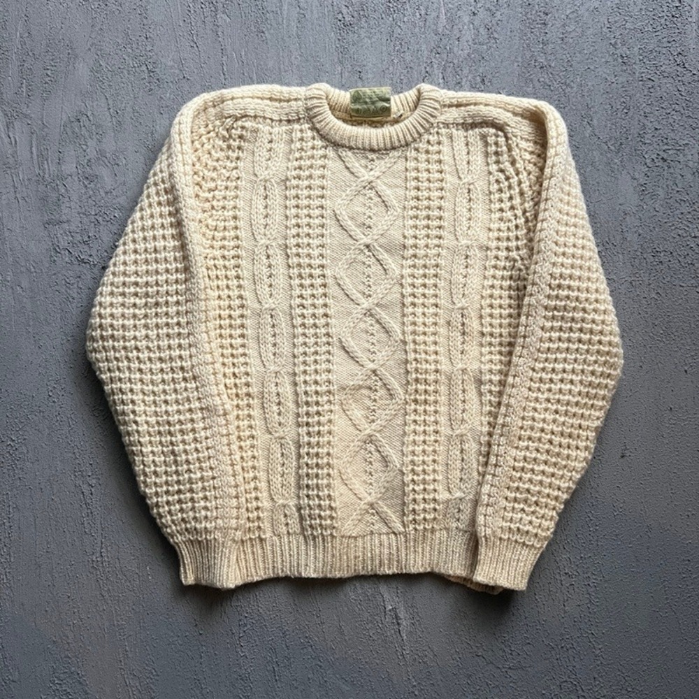 Vintage Cable Knit Sweater Men Medium Cream 1990s Handloomed Wool Ireland
